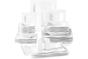 MALACASA, Series Mario, 28-Piece Ivory White Porcelain Dinner Set with 6-Piece Bowls 6-Piece Dessert Plates 6-Piece Soup Plates 6-Piece Dinner Plates One Salt Shaker Set 2-Piece Rectangular Plates