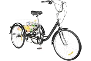 ROMYIX 6 Speed 3-Wheel Bike Adult Tricycle Bike 24", Cargo Trike Cruiser Cycling Tricycle for Outdoor Sports