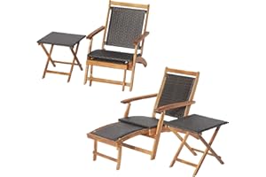 RELAX4LIFE 2-In-1 Sun Lounger, Folding Rattan Adjustable Deck Chair with Retractable Ottoman, Outdoor Wooden Chaise Leisure Armchair for Garden Patio Balcony(Brown, with Wicker Side Table)