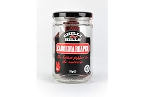 Chilli Hills Carolina Reaper Dried Hot Chili Peppers. Worlds Hottest Chillies Grown in Our Family Farm and Precisely dehydrated to Preserve The Flavor. 15 to 18 Whole pods in a Glass Jar