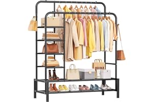 ZHKINGGS Clothes Rails for Bedroom - Heavy Duty Clothes Rail with Double Hanging Clothing Rail, Shoe Rack, Storage Shelves & 4 Coat Hooks, Clothes Rack for Closet, Laundry, Shop (Modern, Black)