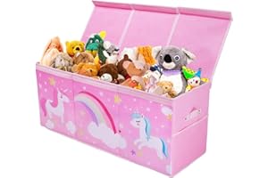 DECALSWEET Large Storage Box with Lid Children, Foldable Oxford Mesh Pockets, Toy Box with Handle, Sturdy Waterproof Toy Storage in Children's Room, 96 x 32 x 40 cm (Pink Unicorn)