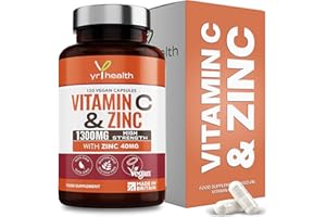 Vitamin C 1300mg and Zinc 40mg High Strength - VIT C and Zinc for Maintenance of Normal Immune System - 120 Vegan Capsules not Tablets - 2 per Daily Serving - Made in The UK by YrHealth