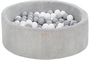 VELINDA Piscine à balles ronde en velours côtelé avec 200 balles 90 cm (Couleur de la piscine/de balles: gris/blanc,gris)