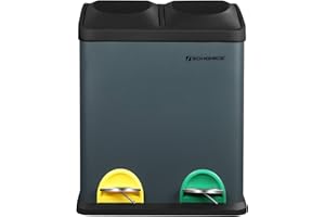 SONGMICS LTB30G Poubelle de tri sélectif 30 l 2 x 15 l Poubelle à pédale avec seau intérieur, pédales colorées, système de tri sélectif pour la cuisine, gris fumé/noir
