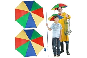 Realure 2 Pcs Head Umbrella Hats with Elastic Bands, Rainbow Funny Umbrella Hat, Mini Portable Hands Free Fishing Caps, Outdoor Sun Rain Hat for Women, Adult & Kids