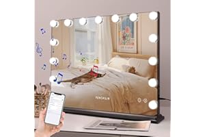 FENCHILIN Specchio trucco con Luci e altoparlante Specchio 15 lampadine LED Specchio per trucco con luci dimmerabile e 3 modalità di luce Grande Specchio da Tavolo da Parete con luce Hollywood