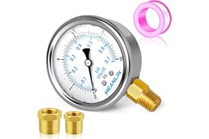 MEANLIN MEASURE 0~10Psi Stainless Steel 1/4" NPT 2.5" FACE DIAL Liquid Filled Pressure Gauge WOG Water Oil Gas Lower Mount