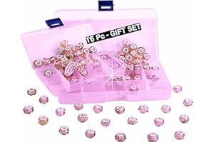 RKC DIVINE DESIGN BY RKC JEWELZ LONDON 15 Pc Pink Pandora Style Rose Foil Glitter Rose Quartz & Baby Pink Murano Glass Charms w/Storage Box – Lampwork Beads for Bracelets – Valentine Birthday Jewellery Gifts Girls Mum