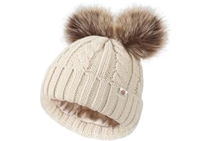 Creekstone Kids Bobble Hat Satin Lined Winter Beanie for Baby Boy Girl Warm Todders Beanie with Double Pom Pom Ears 1-7 Years