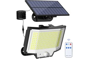 FLAOW Solar Security Lights Outdoor Motion Sensor, 200 LED Solar Lights Outdoor Garden with Remote Control, 3 Lighting Modes Solar Powered Flood Lights with 16.4ft Cable for Garden Yard Door Shed