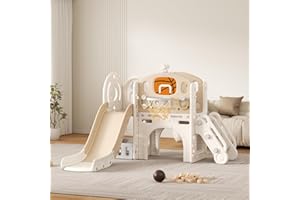 VUECER Rutsche mit Klettergerüst für Kinder: Indoor Spielplatz mit - Aufbewahrungsbox Tunnel Treppenleiter Basketballkorb und Durchgangsbereich Gartenrutsche (Star Set-F-Brown)