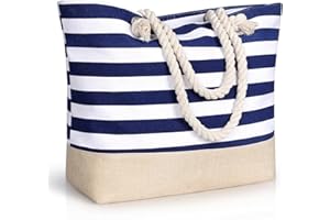Zusentee Sac de Plage,Sac de Plage Femme,Sac de Plage XXL Extra Large Famille,Grande Capacité Sac de Plage Sac de Plage Imperméable à Rayures, Bleu Marine