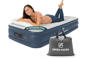 Green Haven Raised Single Air Bed with Built-in Electric Pump – Self-Inflating Blow-Up Mattress with Storage Bag – Waterproof & Durable Camping Air Mattress for Indoor & Outdoor Use