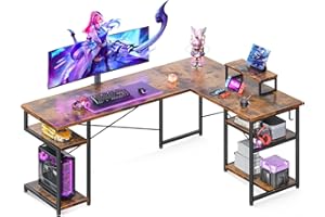 ODK Scrivania Angolare, Scrivania Salvaspazio con ripiani per riporre, Scrivania PC Gaming con Supporto Monitor, Scrivania ad Angolo per Studio e Home Office Marrone d'epoca 148×120 cm