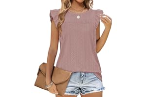 Jescakoo Tank Top Damen Ärmellos mit Rüschen Kurzarm Ösenstoff Top Damen Elegant Oberteile Sommer Rundhals Ausschnitt Bluse Damen 2024