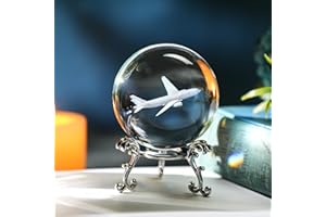 HDCRYSTALGIFTS 60mm 3D Lase Engraved Airplane Crystal Ball with Stand Glass Sphere Plane Paperweight Decor Gift for Men