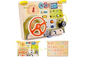 JELLYBIBO Tablero de actividades Montessori, juguete de madera para niños y niñas de 1, 2, 3 y 4 años, con volante simulado e interruptores de luz LED, Paneles Sensoriales Busy Board, Regalos para Niños