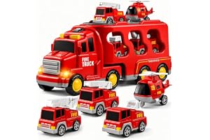 BLmukce Leksaksbrandbil 5 i 1 för Barn, Friktionstransportör med 4 Brandbilsleksaker, Leksak för 1 2 3 År för Pojkar och Flickor med Ljus och Ljud för Barn från 4 År