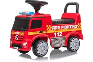 JAMARA 460472 Rutscher Mercedes-Benz Antos Feuerwehr – ab 12 Monate, Sitzhöhe 280 mm, Kippschutz, Kofferraum unter der Sitzfläche, Schub-und Haltegriff, LED Signallichter und Sirene/Hupe, rot