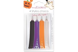 SCRAP COOKING 4 Stylos Choco Halloween - Noir, Orange, Violet, & Blanc pour Écrire & Dessiner sur Desserts, Gâteaux, Biscuits - 7064