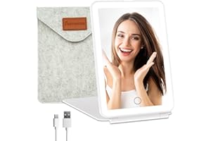 FUNTOUCH Rechargeable Travel Makeup Vanity Mirror with 72 LED Lights, Portable Lighted Makeup Beauty Mirror, 3 Lighting Modes, Dimmable Touch Screen, Tabletop Folding Cosmetic Mirror with Storage Bag