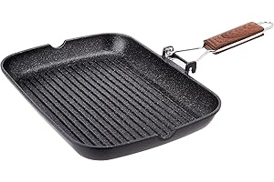 WECOOK! Ecochef Titanio Bistecchiera Ondulata, Induzione, 34x24cm, Antiaderente QUANTANIUM Ecologico senza PFOA, Alluminio Fuso, 5mm di Spessore, Manico in Legno Pieghevole, Vitroceramica, Gas