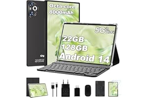 Dghrti Tablet 10 Pulgadas Android 14, 22GB RAM+128GB ROM (1TB TF), CPU Octa-Core, 8000mAh, Widevine L1, Dual WiFi, BT 5.0, Face ID, 5MP+8MP, con Carcasa MetÃlica, Teclado y Ratón-Negro
