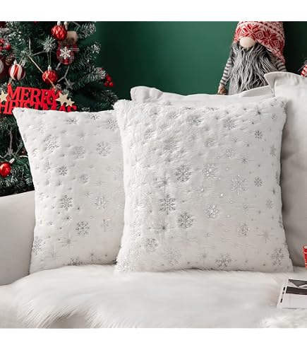 2 Weihnachts-Kissenbezüge 45x45 Cm – Aus Kunstfell & Samt, Mit 3D Schneeflocken-Stickerei, Weiß, Für Couch & Wohnzimmer