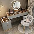 Distinctive Modern Dressing Table, Advanced Solid Wood, Round Smart Mirror with Strong LED Lighting in three Color Modes, Smart Side Table with Wireless Charging and a Comfort Chair. (Gray)