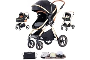 Shineey Poussettes 3 en 1 Citadines Poussettes Combinées Poussette Tricycle Baby Walker Poussette Haute Paysage Poussettes Landau pour 0-36 mois Pliantes Trolley Bébé (H2-BLACK, H2)