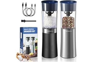 Parmedu Gravity Electric Salt and Pepper Grinder Set: USB Rechargeable Automatic Salt & Pepper Mill - Spice Grinder Adjustable Fineness, 100ml Transparent Washable Storage Bin, LED Light (2 Pack)