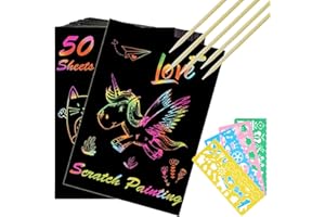 AWONLATE Hojas para Rascar Niños, 50Pcs Scratch Art Paper para Niños, Dibujos para Rascar Adultos, Manualidades para Niños con 5 lápices de Madera, 4 Plantillas de Dibujo, Scratch Art Cuadernos