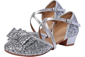 L SERVER Chaussures de Danse Fille Enfant Paillettes Chaussures de Princesse Légères Cuir Sandales Eté à Talons de 3cm