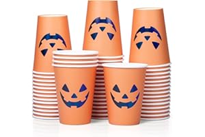 CONFETTIVILLE Halloween Disposable Paper Party Cups, Bulk 50 Pack, Leak-Proof, 355ml Hot and Cold Cups for Restaurants and Parties, Jack-O-Lantern, Black & Orange