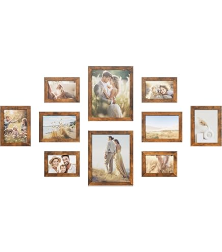 SONGMICS Fotolijsten met 16 matten, set van 10, fotolijsten met twee 8x10, vier 5x7, vier 4x6 lijsten, voor ophangen of tafeldisplay, MDF en glas, 12 niet-sporende spijkers, rustiek bruin RPF049X01