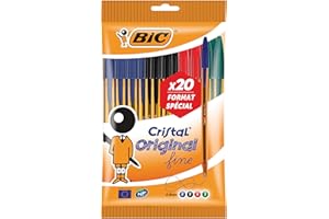 BIC Cristal Original Stylos-Bille Pointe Fine (0,8 mm) - Écriture Fine et Précise - Couleurs Assorties, Pochette Format Spécial de 20