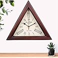Vintage of world® Wall Clock Triangle Shape for Home Stylish 12 inch Brown Colour Antique Style Art Unique Beautiful Flower Design Office Decor Wood Metal Glass