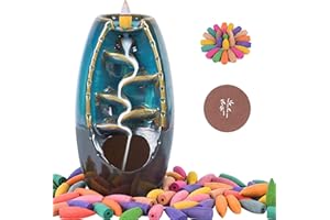 JIAMIAN Quemador Incienso Cerámica, Porta-Inciensos, Soporte para Incienso, con 50 Conos De Incienso De Reflujo + Posavasos, Cerámica Cono Reflujo Quemador Incienso