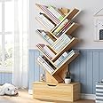 MostNow Tree Shaped Bookshelf for Narrow Space Open Shelf Bookcase with Storage Cabinet Floor Standing Office Book Display Stand for Books, CDs, Vinyl Records (Walnut wood color)