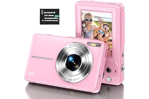 DPFIHRGO Aparat cyfrowy, 1080p, aparat dziecięcy, FHD, 44 MP, vloging, przenośny, kompaktowy aparat z ekranem LCD, zoom cyfrowy 16 x i 1 baterią, dla nastolatków, dziewcząt, chłopców, różowy (bez karty micro