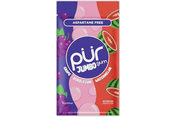 PUR Jumbo Gum | Chewing-gum Sans Aspartame | Au Xylitol |Arôme naturel de Bubblegum, Grape, Watermelon, 20 Pièces (Lot de 1)