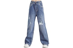 Mufeng Baggy Jeans for Girls Elastic Waist Wide Leg Retro Denim Pants Bootcut Stretch Trousers Casual Wear