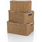 Rattan 3&rsquo;l&uuml; Kapaklı Sandık Seti Hasır Saklama Kutusu B&uuml;y&uuml;k Orta K&uuml;&ccedil;&uuml;k Boy Dekoratif Organizer Sepet