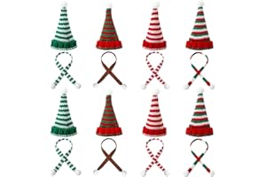 JUNEBRUSHS 8 Stück Mini Weihnachtsmützen Set mit Schal, Kleine Nikolausmütze Strickaccessoires für Puppen, Weinflaschen und DIY Basteln in 4 Farben