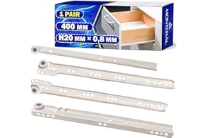 1 Par Guias Correderas para Cajones 400 mm H20 mm x 0,8 mm - Blancas Rieles para Cajones Tienen una Extensión Parcial de 313 mm - Garantía de 10 Años - MONTERAL