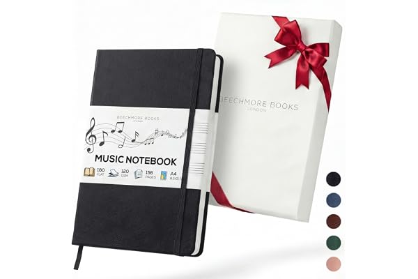 Beechmore Books Cahier de musique A4 (21,6 x 29 cm) – 156 pages, 120 g/m² | Couverture rigide simili cuir, portées perforées, ouverture à plat, coffret cadeau pour musiciens & compositeurs