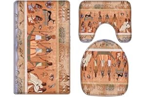 A.Monamour 3 Piezas Alfombrillas para Baño Antideslizantes Franela Antiguo Egipto Escena Dioses Y Faraones Historia Religiosa Jeroglíficos Egipcios Murales WC Tapas de Inodoro Cubiertas de Cisterna