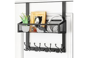 HapiRm Over Door Hanger Hooks - Over Door Hook Easy Install, Stainless Steel Coat Hangers with 16 Hooks, Mesh Basket Coat Rack Storage for Clothes, Keys, Towels, Hats, Bags, in Bathroom, Kitchen