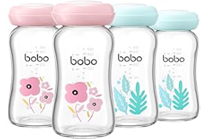 YOHKOH Premium-Glasflaschen für Muttermilch, 4 x 160 ml - zur sicheren Muttermilch Aufbewahrung, spülmaschinen-, gefrier- und mikrowellengeeignet (Mehrfarbig, 160ml (4er Pack))